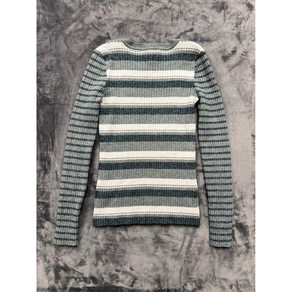 Nine West Striped Ribbed Knit Sweater Womens Small Grey Metallic Sparkle Top - Picture 2 of 8